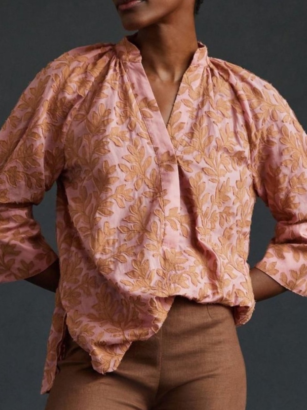 Anthropologie V-neck Textured Brown Leaf Pullover, Bell Sleeve Top, Size XS